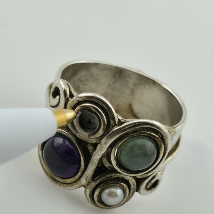 Sterling Silver Multi Stone Ring Sz 5.5 Amethyst Pearl Gem Artisan Missing Stone