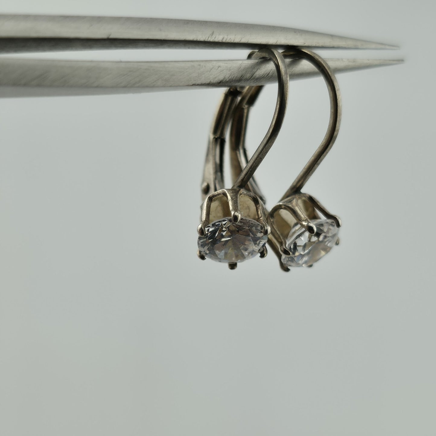 Vintage 925 Sterling Silver CZ Leverback Earrings Clear Round Solitaire Jewelry