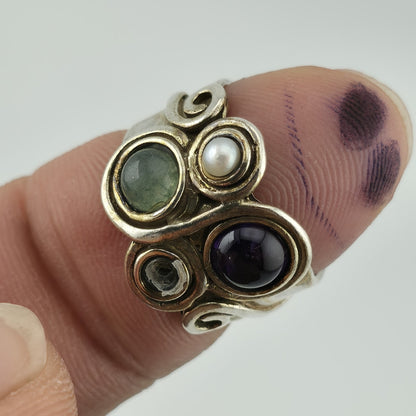 Sterling Silver Multi Stone Ring Sz 5.5 Amethyst Pearl Gem Artisan Missing Stone