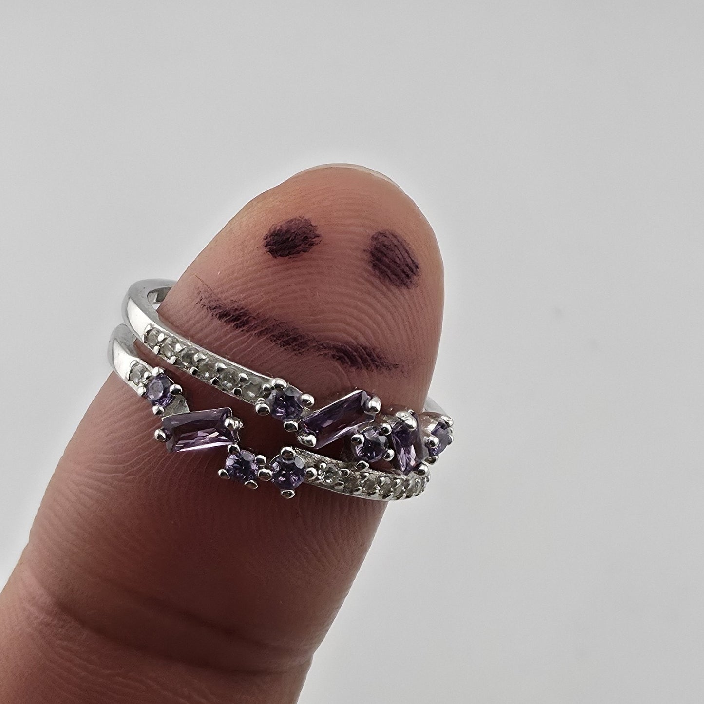 925 Sterling Silver Purple Amethyst Baguette Round Stone Ring Size 9 Split Band