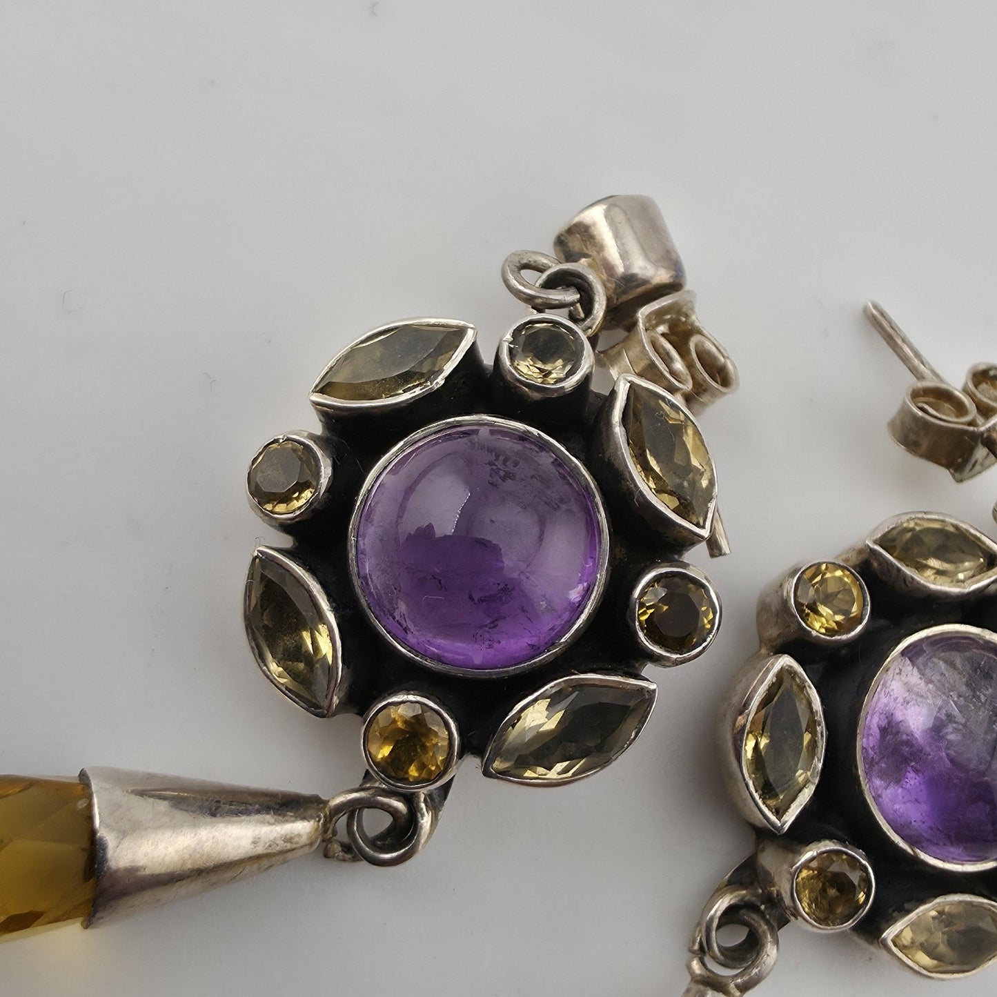 Vintage 925 Sterling Silver Amethyst Citrine Dangle Earrings Gemstone Drop Boho