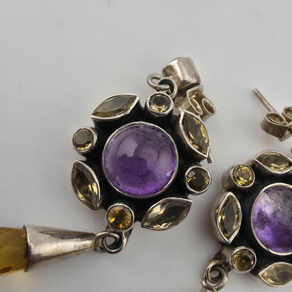Vintage 925 Sterling Silver Amethyst Citrine Dangle Earrings Gemstone Drop Boho
