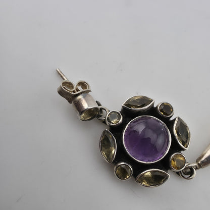 Vintage 925 Sterling Silver Amethyst Citrine Dangle Earrings Gemstone Drop Boho