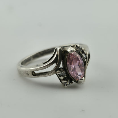 Sterling Silver 925 marquise cut Pink Stone Ring CZ Accents Size 8.75