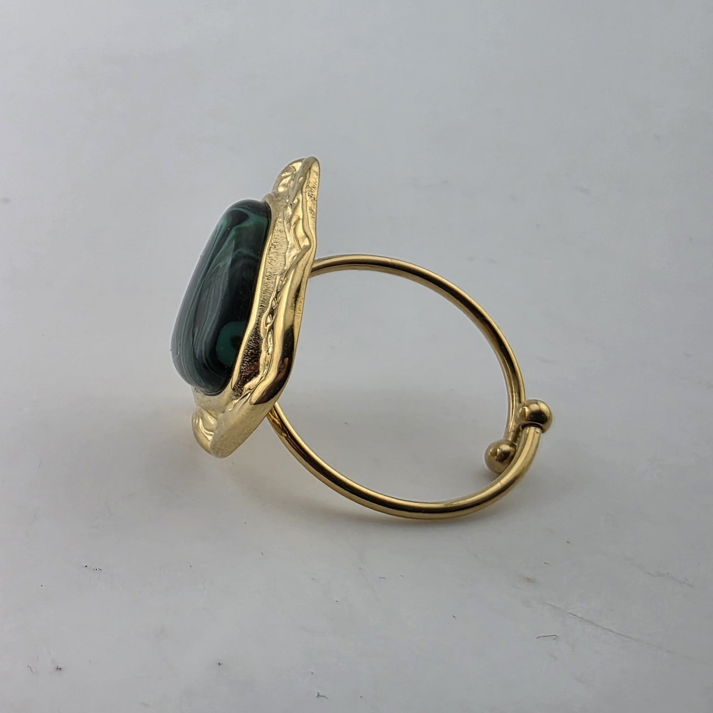 Green Malachite Style Adjustable Ring Gold Tone Stainless Steel Statement