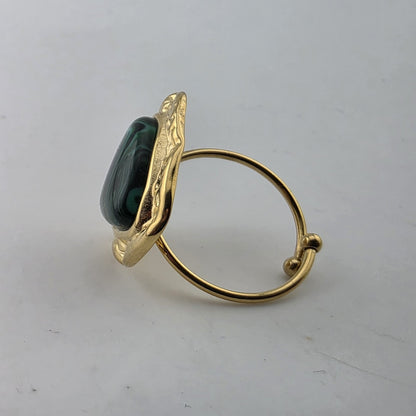 Green Malachite Style Adjustable Ring Gold Tone Stainless Steel Statement