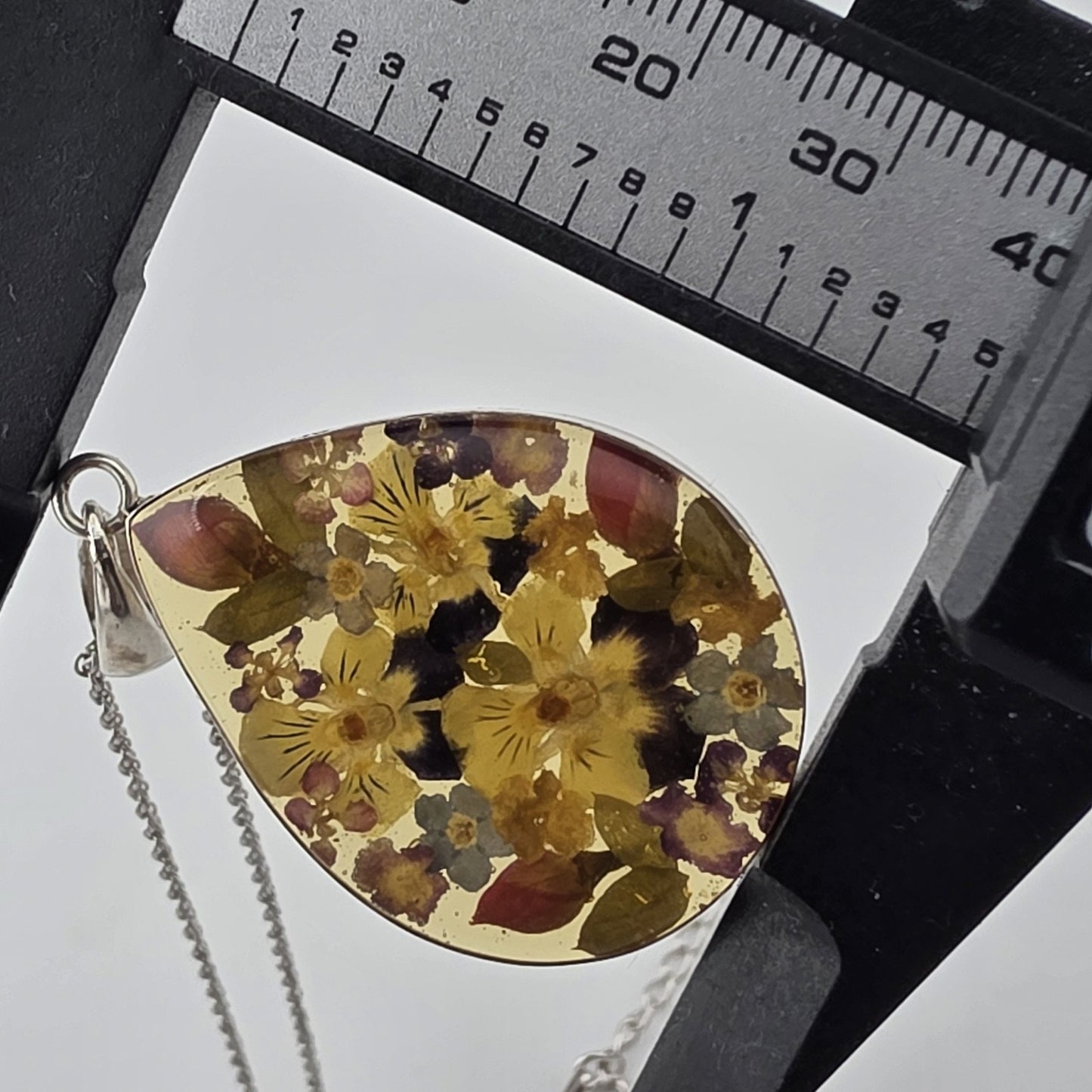 Vintage ATI Mexico 925 Sterling Silver Pressed Flower Resin Pendant Necklace 18