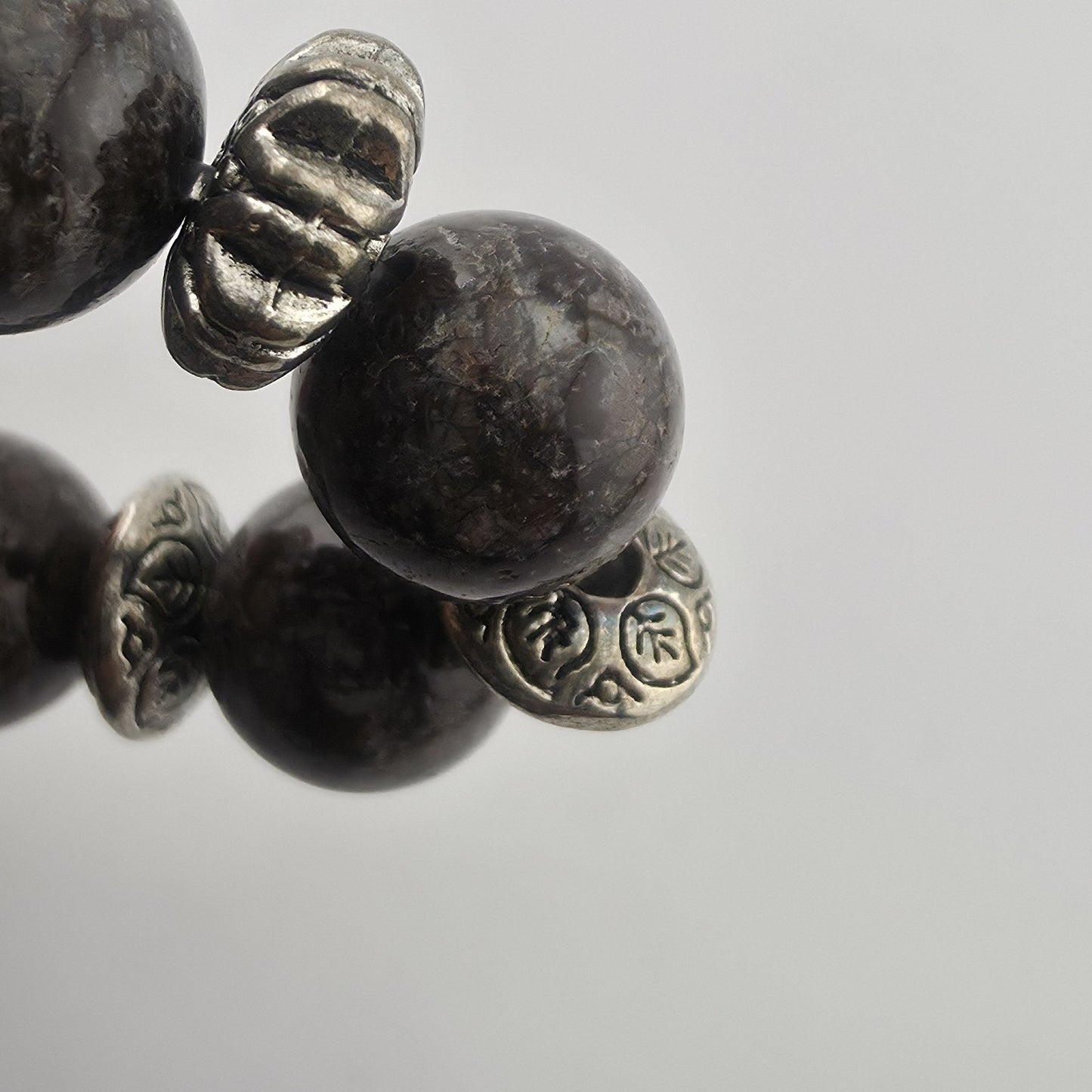Bali Silver Tone Coffee Bean Jasper Beaded Stretch Bracelet 6" Jewelry