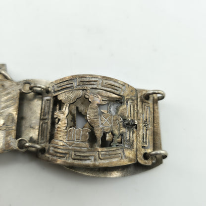 Vintage Sterling Peruvian Story Panel Link Bracelet Cultural Motif Design 15.5g