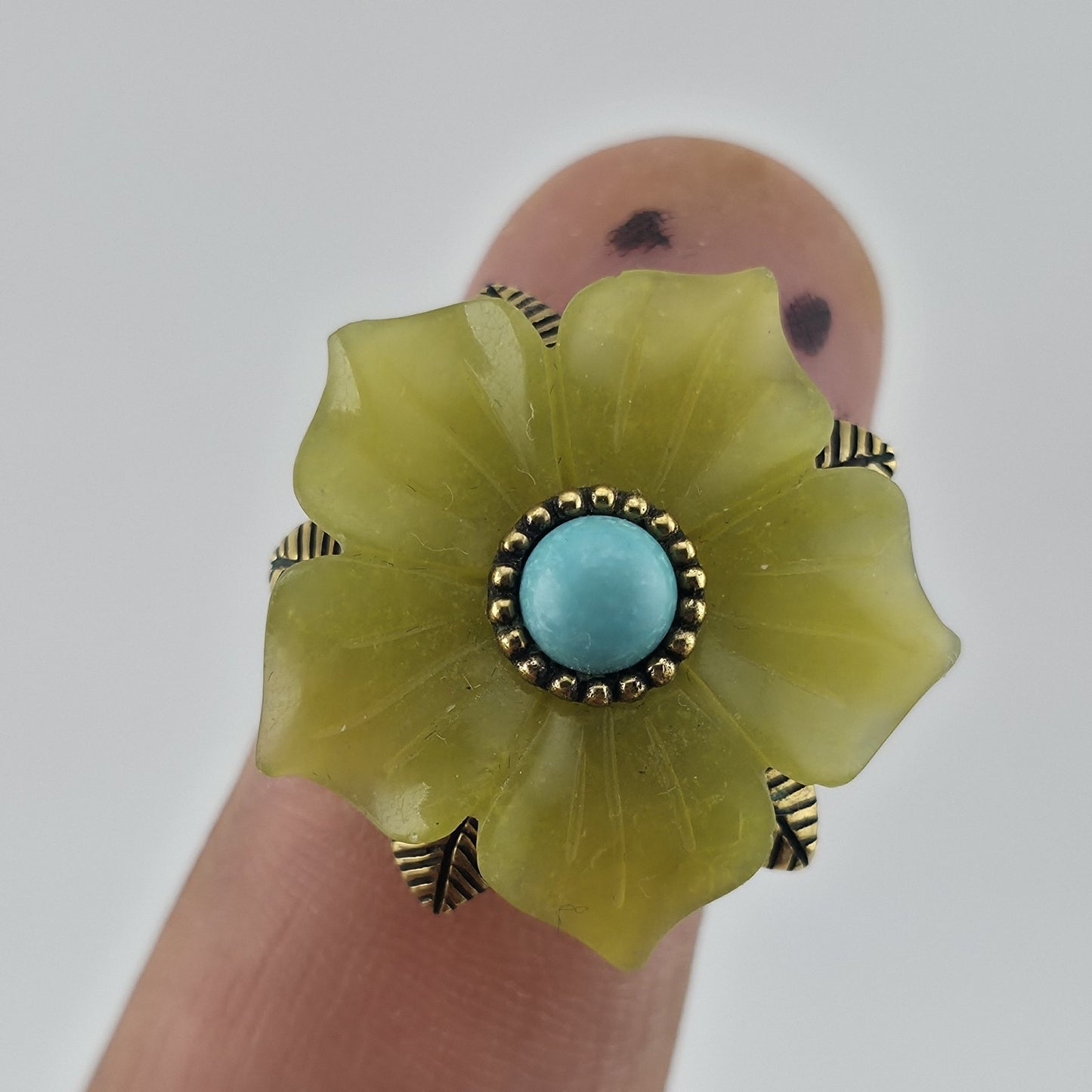 Sterling Silver Bronze Flower Ring Size 7 Yellow Floral Turquoise Cabochon 925