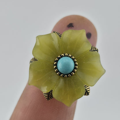 Sterling Silver Bronze Flower Ring Size 7 Yellow Floral Turquoise Cabochon 925