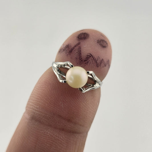Vintage Sterling Silver Plated Faux Pearl Ring Size 4 Minimalist Statement Jewel