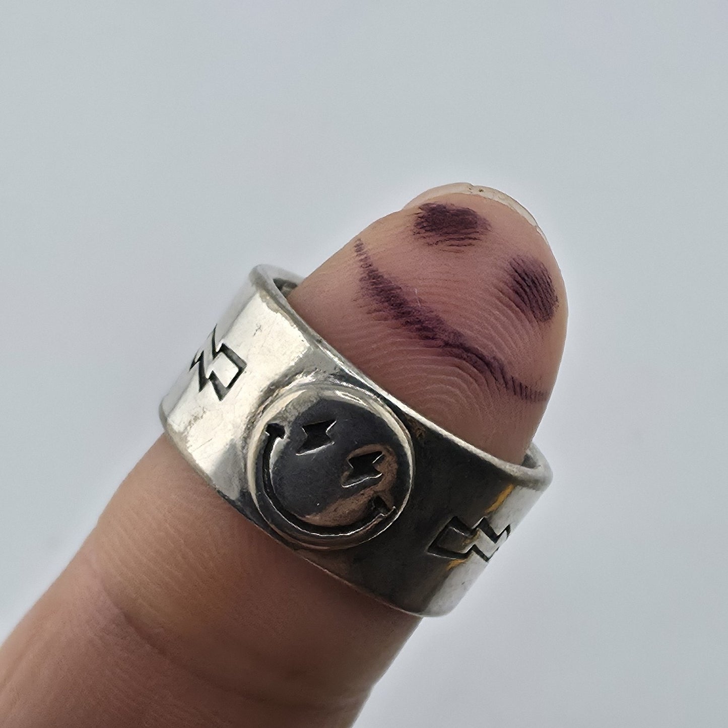Sterling Silver 925 Smiley Face Ring Size 9 Wide Band Lightning Star Vintage