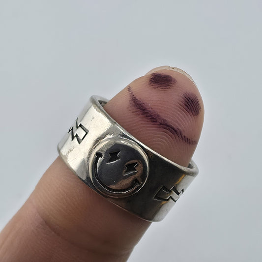 Sterling Silver 925 Smiley Face Ring Size 9 Wide Band Lightning Star Vintage