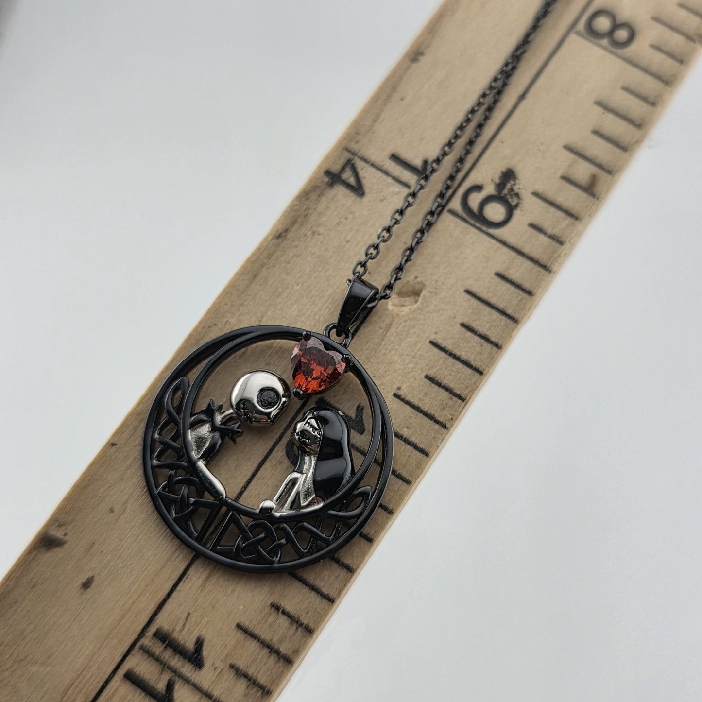 Nightmare Before Christmas Jack & Sally Heart Pendant Necklace 925 16” Gothic