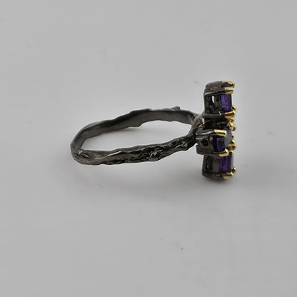 Sterling Silver Cross Ring Purple Amethyst Stones Artisan Organic Band Sz 6.75