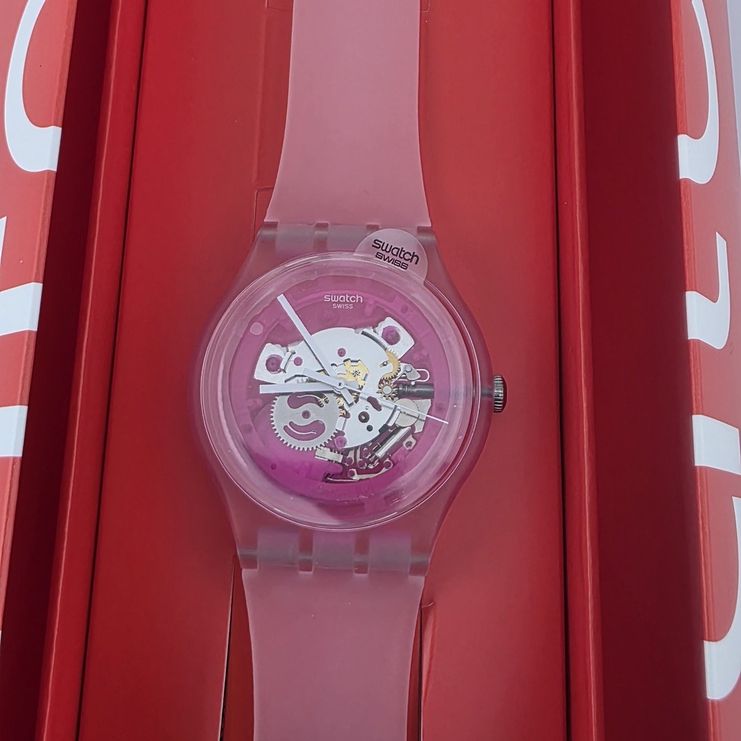 Rare Swatch Swiss PINKMAZING New Gents PINK SKELETON DIAL Silicone Strap 41MM