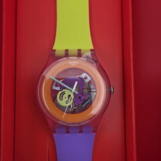 Swatch Dip In Color SUOP103 New Gent Watch Yellow Purple Pink New BoxColorful