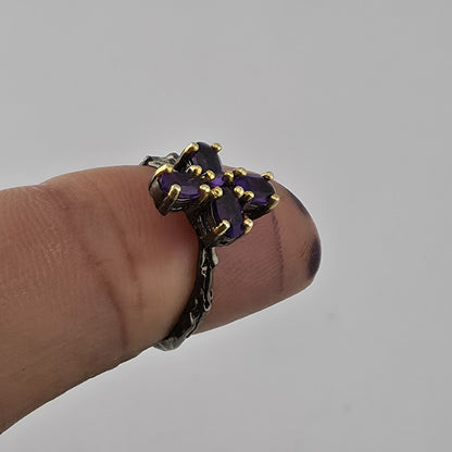 Sterling Silver Cross Ring Purple Amethyst Stones Artisan Organic Band Sz 6.75