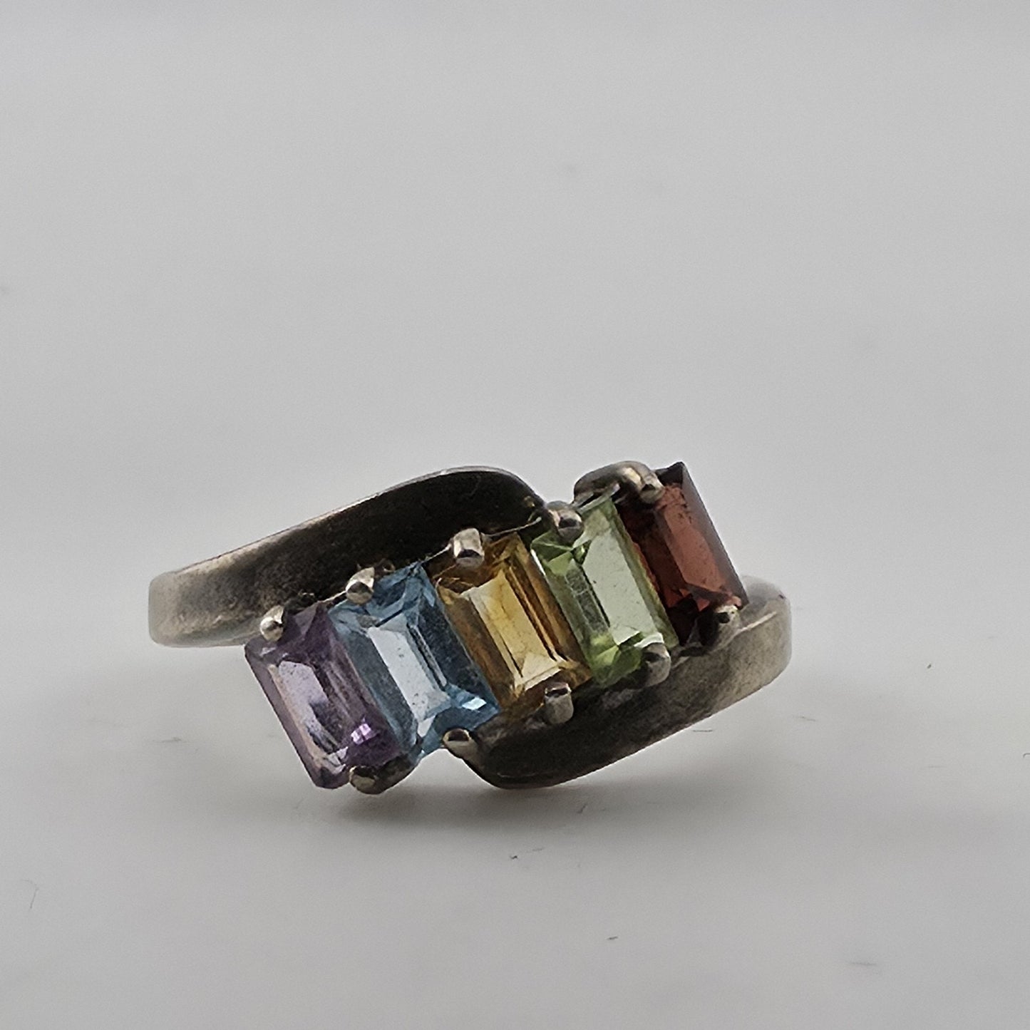 Sterling Silver Rainbow Multi-Gem Baguette Ring, Size 8 925 GNA Jewelry