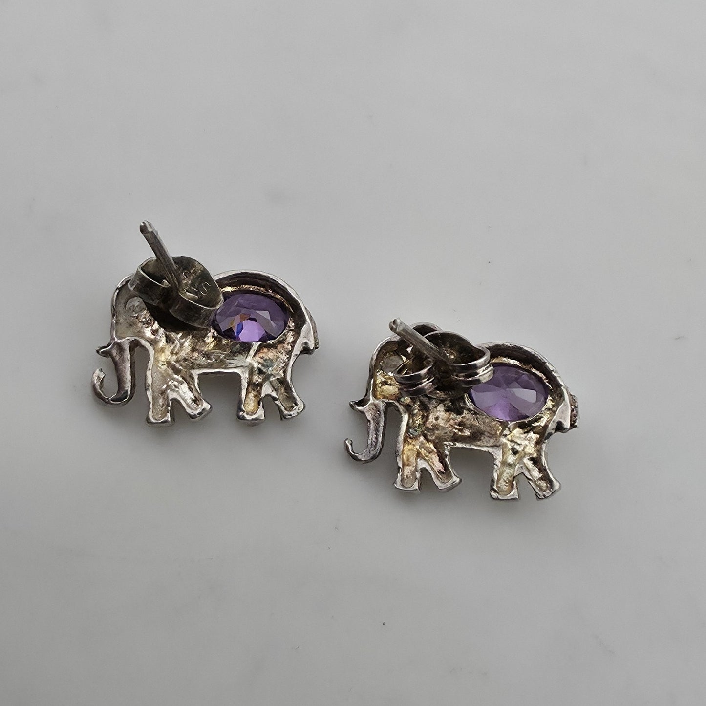 Vintage 925 Sterling Silver Elephant Stud Earrings Amethyst Purple Animal Jewelr