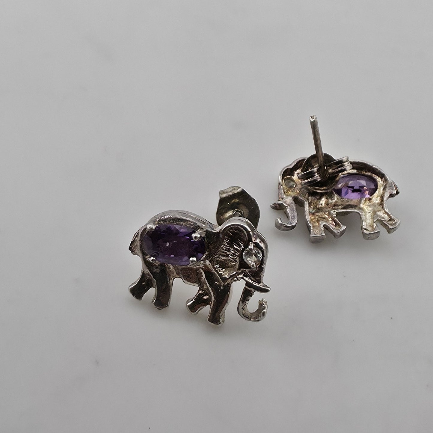 Vintage 925 Sterling Silver Elephant Stud Earrings Amethyst Purple Animal Jewelr
