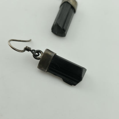 Vintage Sterling Silver Black Tourmaline Drop Earrings Raw Crystal Dangle