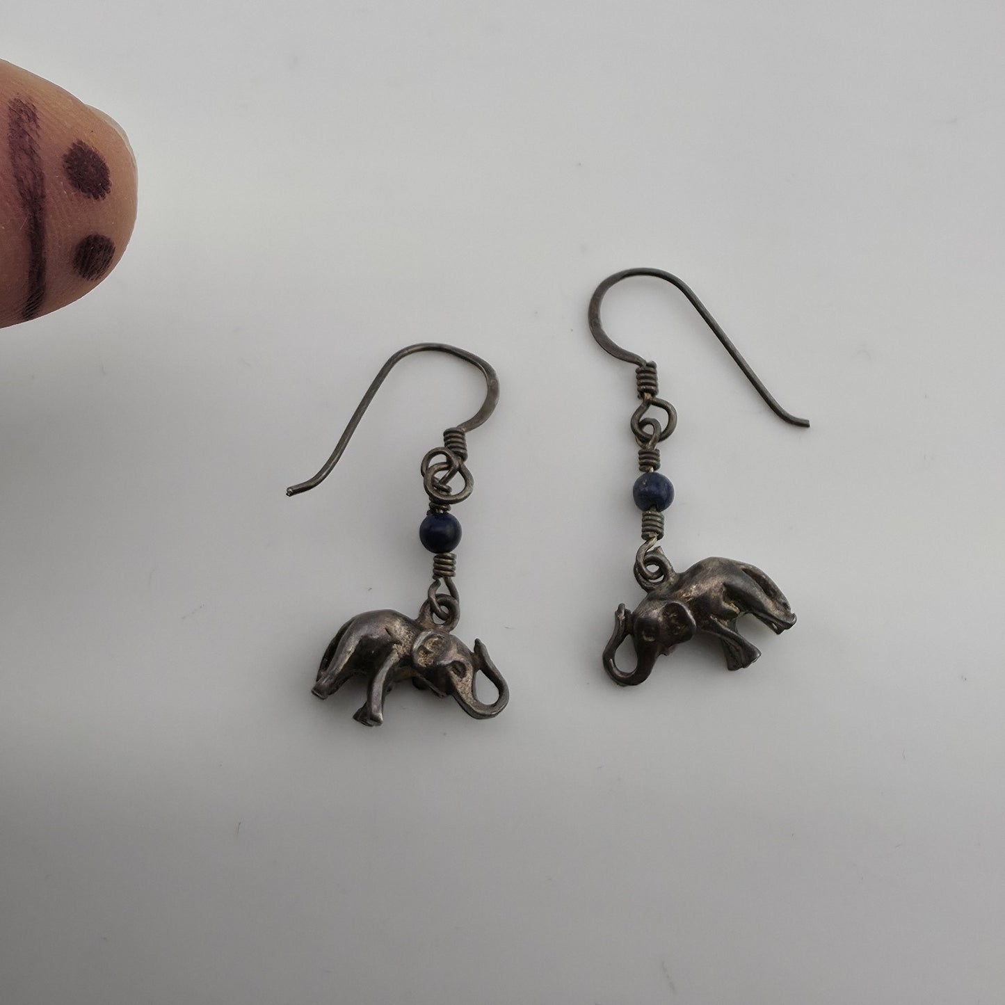 Vintage Elephant Dangle Earrings Blue Bead Silver Tone Boho Tribal Jewelry