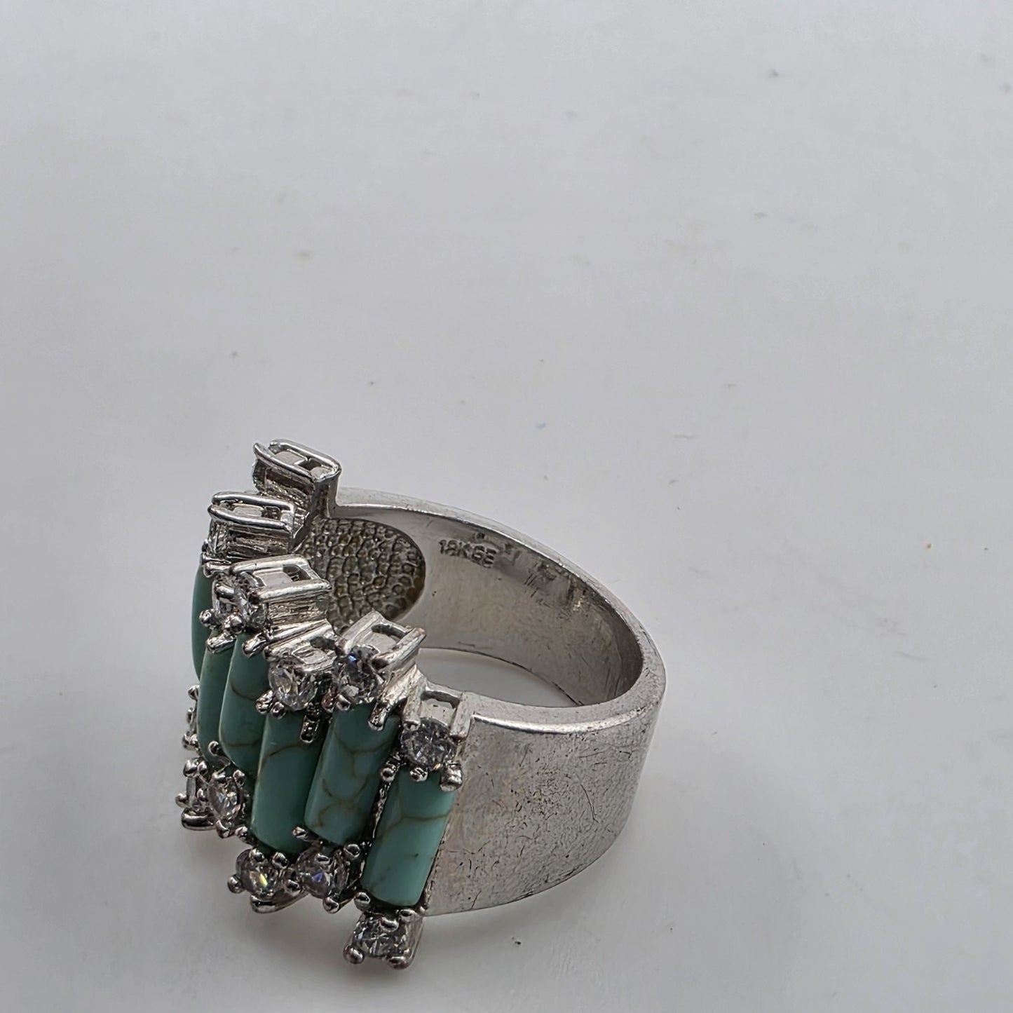 Silver Tone Faux Turquoise & Clear Stone Statement Ring Size 8 Costume fashion