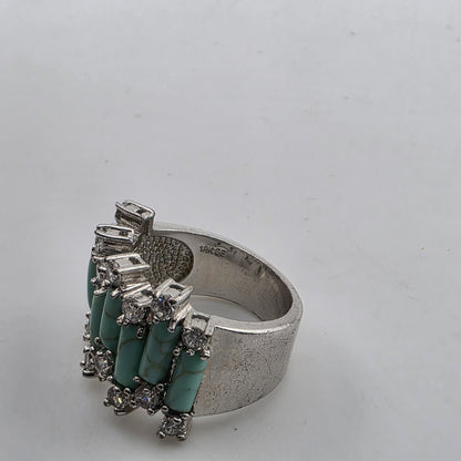 Silver Tone Faux Turquoise & Clear Stone Statement Ring Size 8 Costume fashion