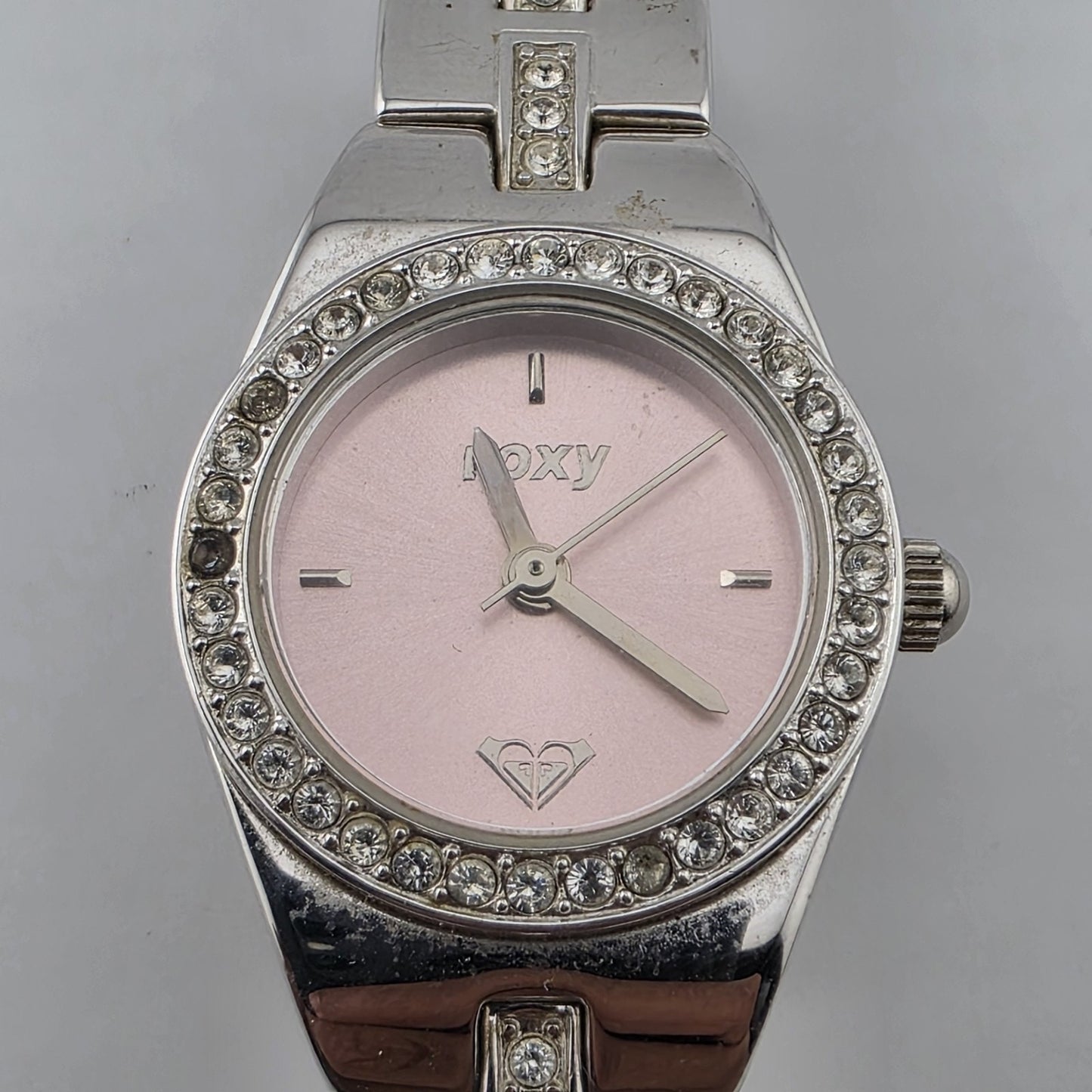 Vintage Roxy RX1090 Pink Dial Rhinestone Quartz Watch Womens Stainless Steel