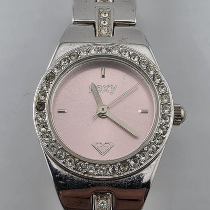 Vintage Roxy RX1090 Pink Dial Rhinestone Quartz Watch Womens Stainless Steel