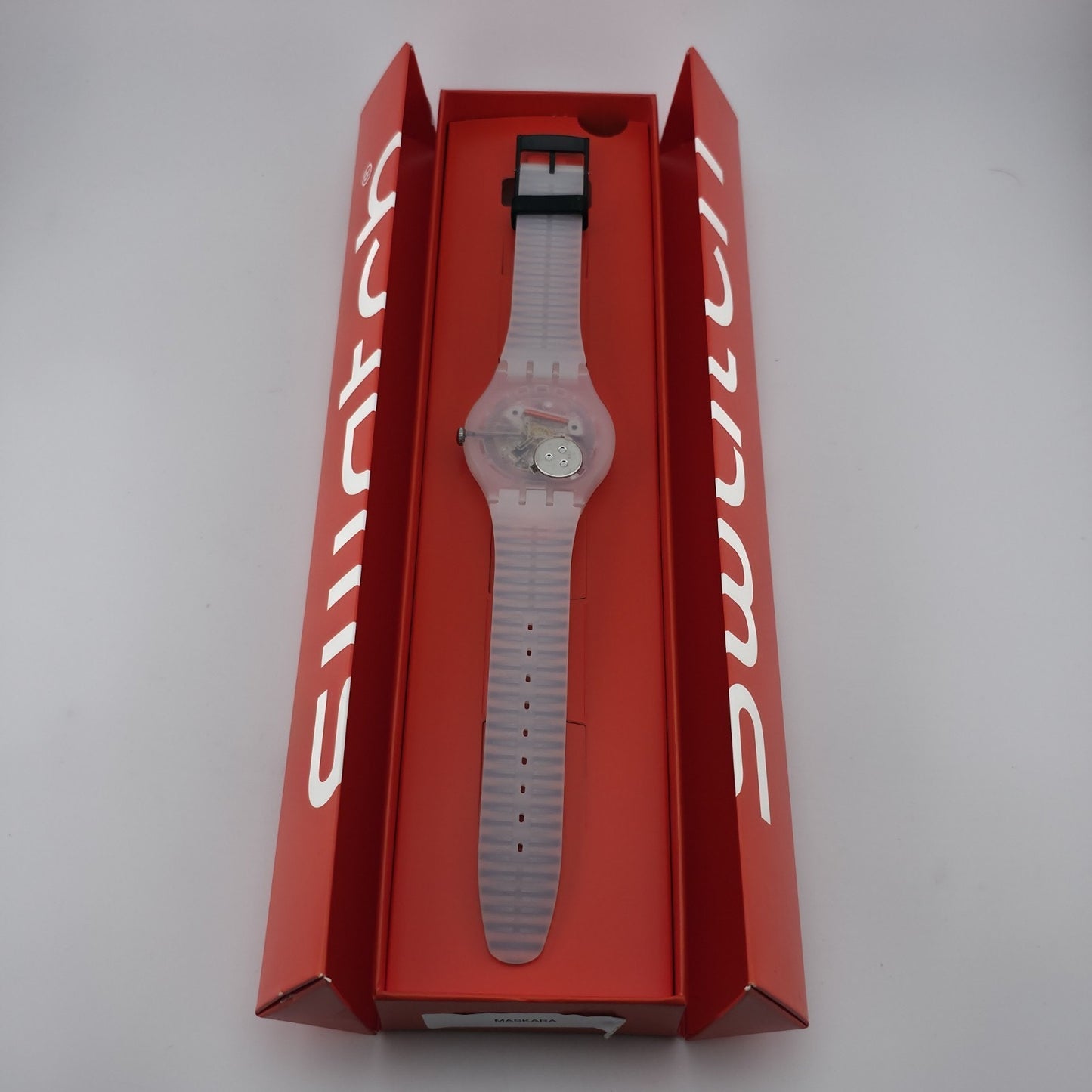 NEW Swatch MASKARA Skeleton Clear Dial Silicone Stripes Watch SUOW122