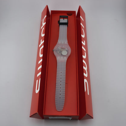 NEW Swatch MASKARA Skeleton Clear Dial Silicone Stripes Watch SUOW122