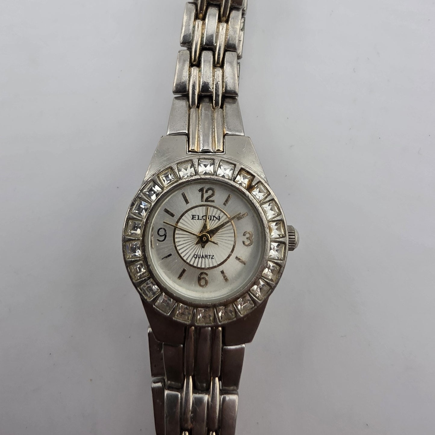 Vintage Elgin Ladies Quartz Watch Crystal Bezel Two Tone Bracelet Runs Read