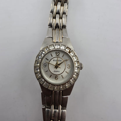 Vintage Elgin Ladies Quartz Watch Crystal Bezel Two Tone Bracelet Runs Read