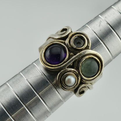 Sterling Silver Multi Stone Ring Sz 5.5 Amethyst Pearl Gem Artisan Missing Stone