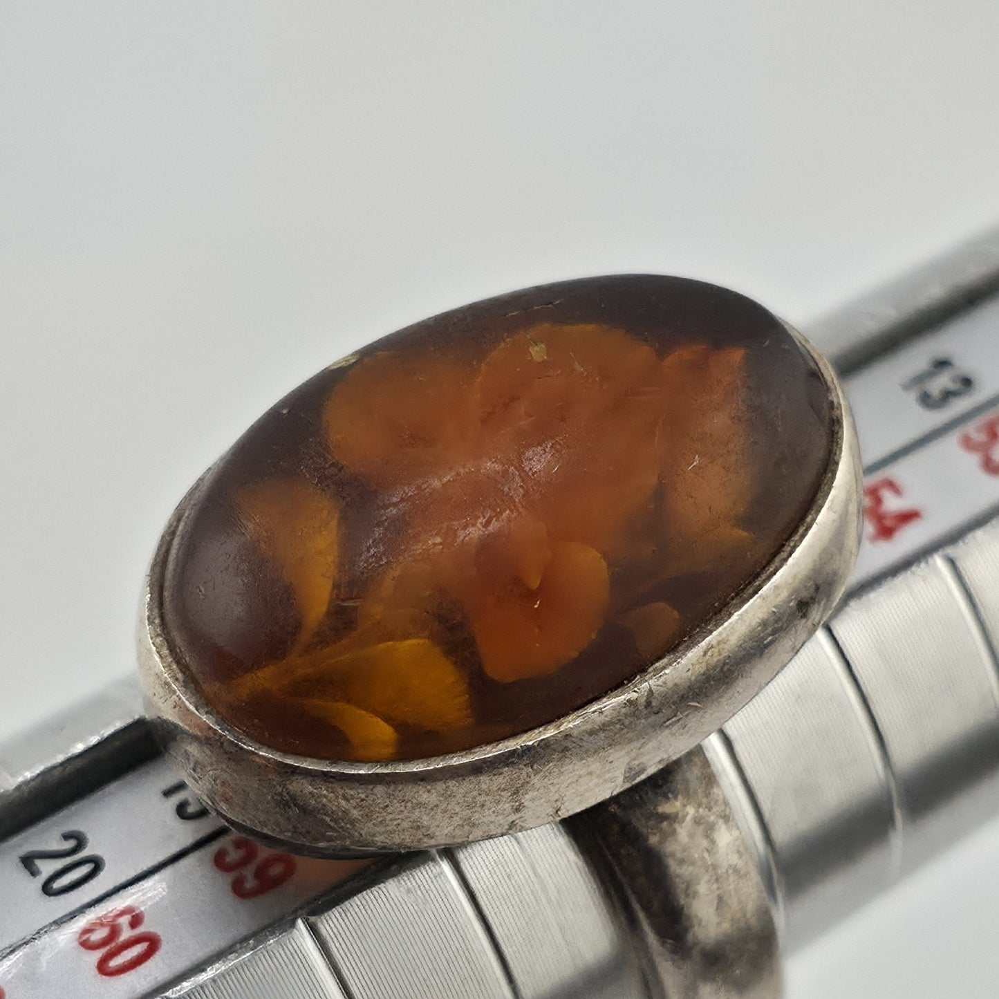 Polish Baltic Amber Reverse Carved Sterling Silver Ring 925 Size 8 Vintage