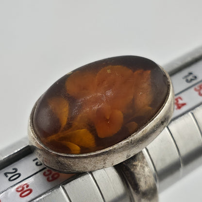 Polish Baltic Amber Reverse Carved Sterling Silver Ring 925 Size 8 Vintage
