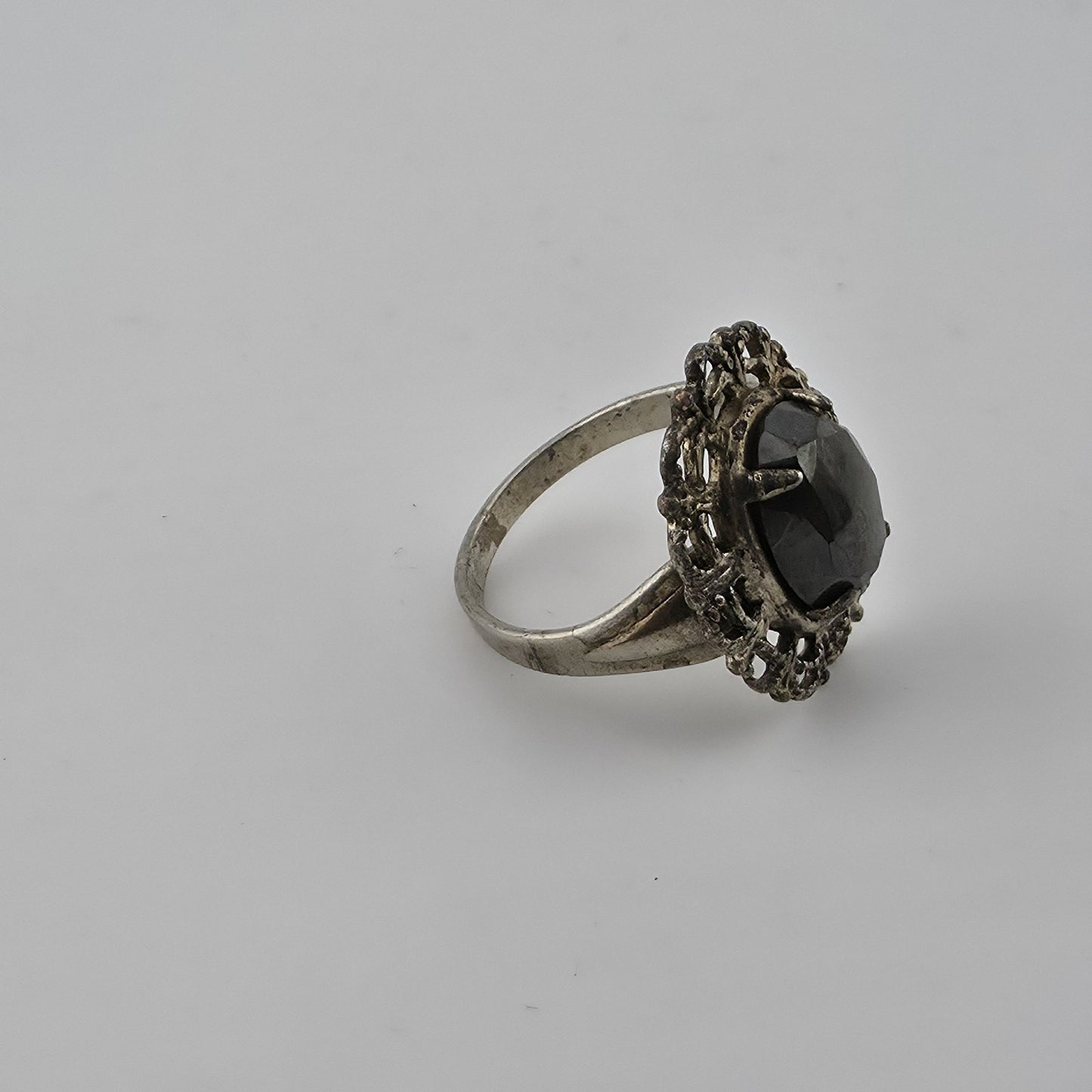 Vintage Mid Century Sterling Silver Black Onyx Ring Size 6.5 Filigree Statement