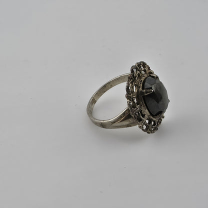 Vintage Mid Century Sterling Silver Black Onyx Ring Size 6.5 Filigree Statement
