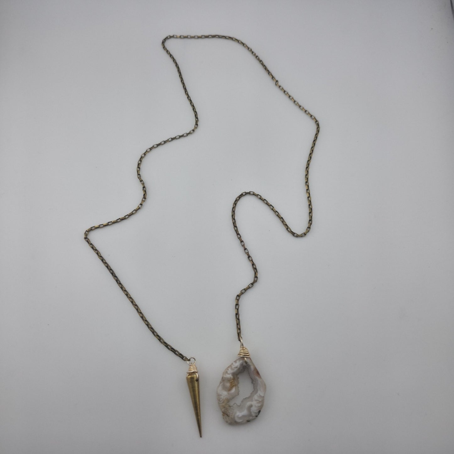 Vintage Druzy Agate Geode Pendant Necklace Brass Spike Layered Boho Jewelry