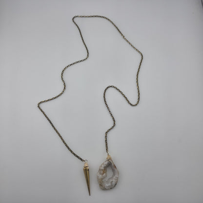 Vintage Druzy Agate Geode Pendant Necklace Brass Spike Layered Boho Jewelry