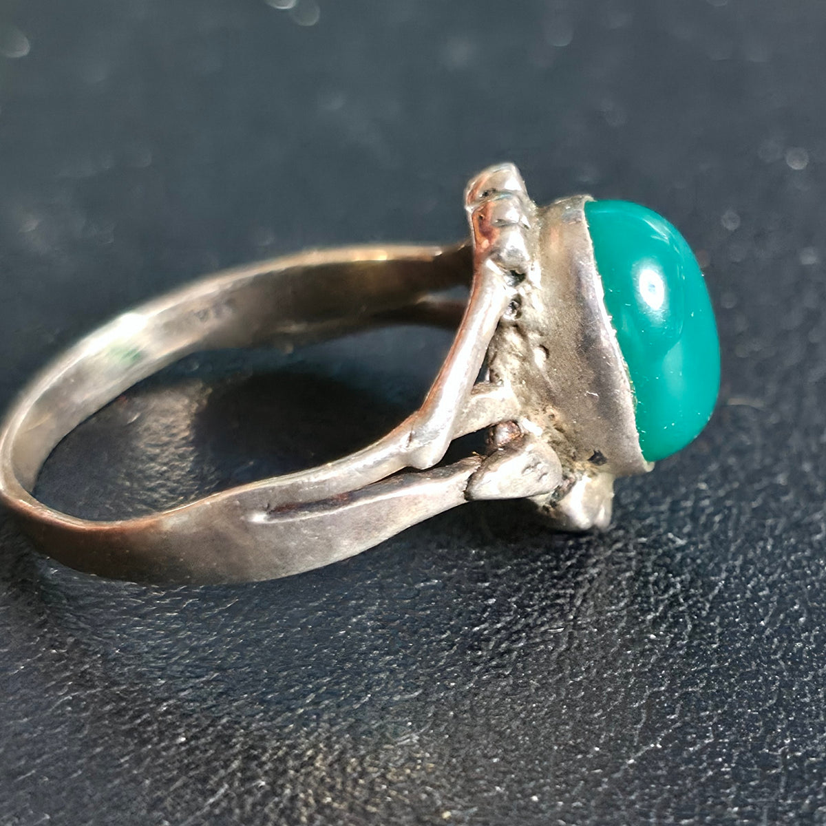 Sterling Silver Ring Teal-Green Translucent Cabochon Size 7.75