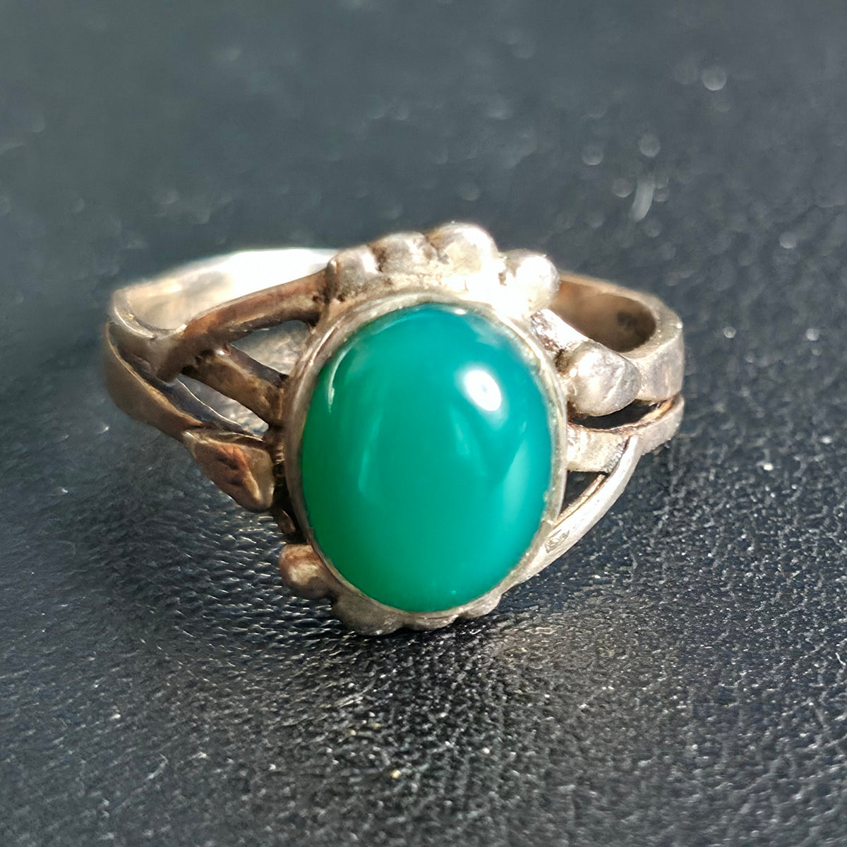Sterling Silver Ring Teal-Green Translucent Cabochon Size 7.75