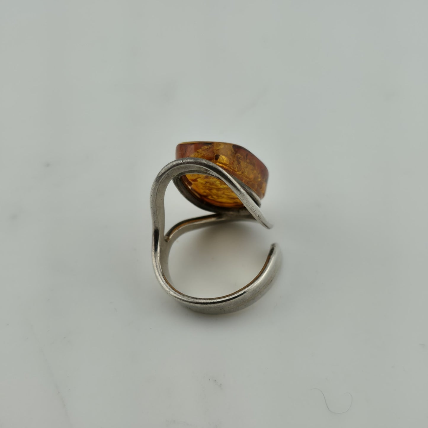 Vintage Ring MCM Sterling Silver Natural Honey Amber Unique Abstract Adjustable