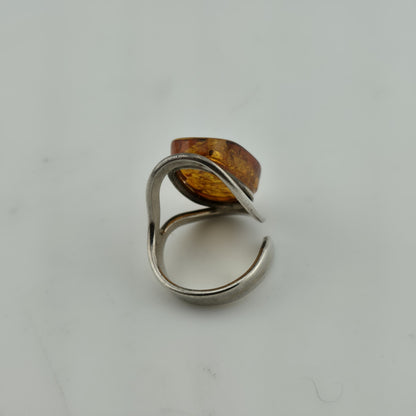 Vintage Ring MCM Sterling Silver Natural Honey Amber Unique Abstract Adjustable
