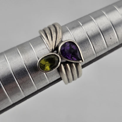 925 Sterling Silver Ring Natural Purple Green Stones Size 8 Chip On Amethyst