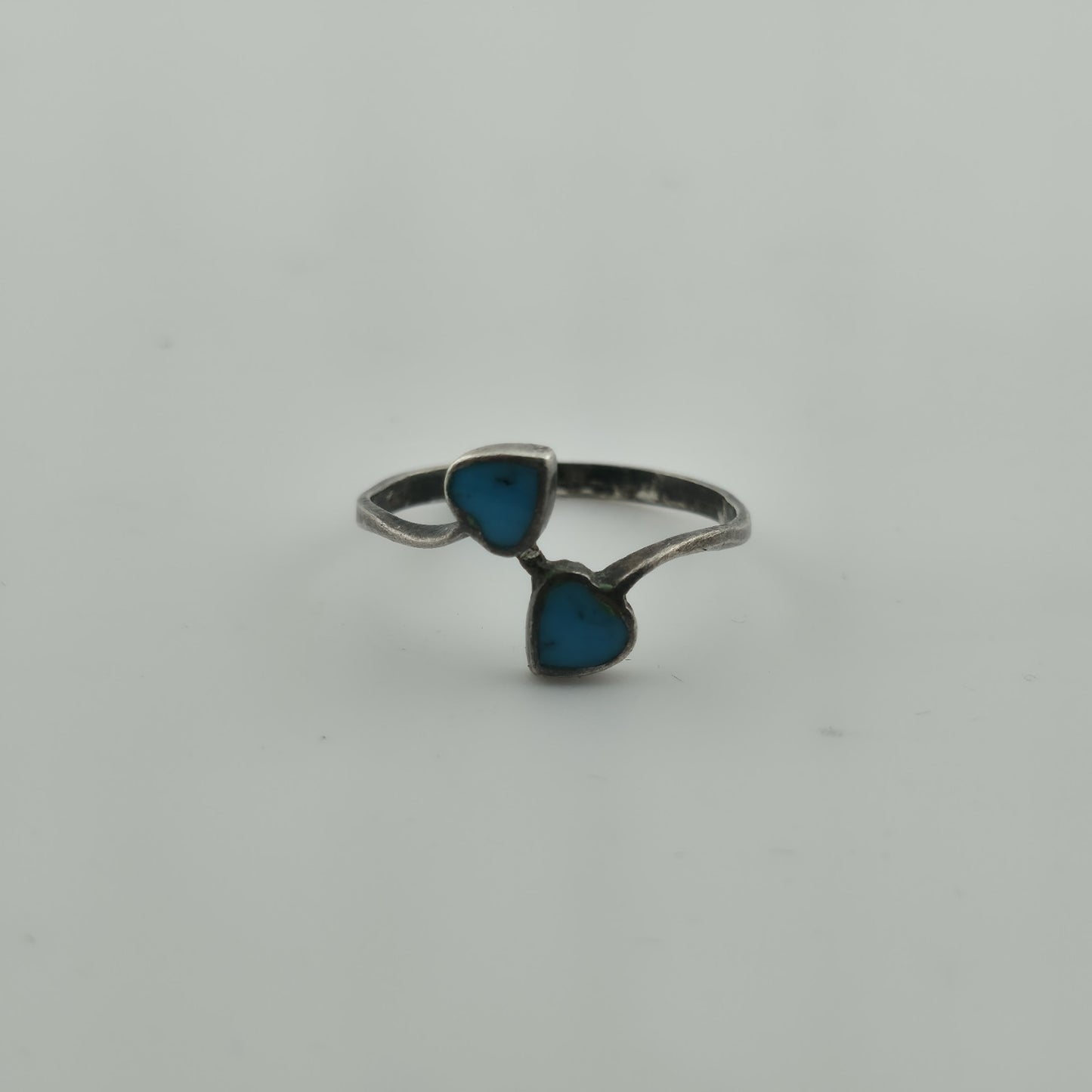 Ring Sterling Silver Tiny Crushed Turquoise Double Heart Love Size 8.50 Vintage