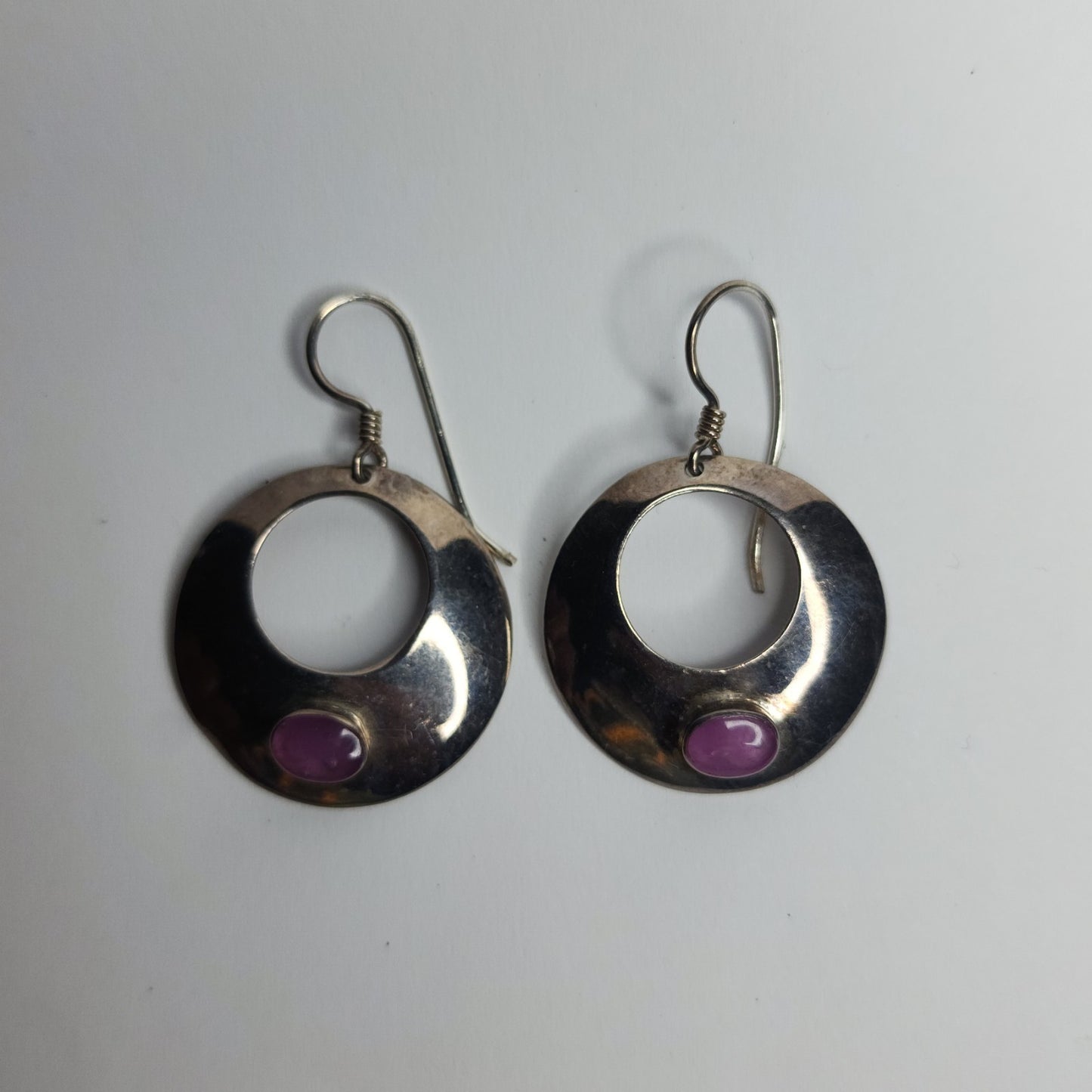 925 Sterling Silver Earrings Dangle Purple Stone Modernist Circle Signed NF VTG